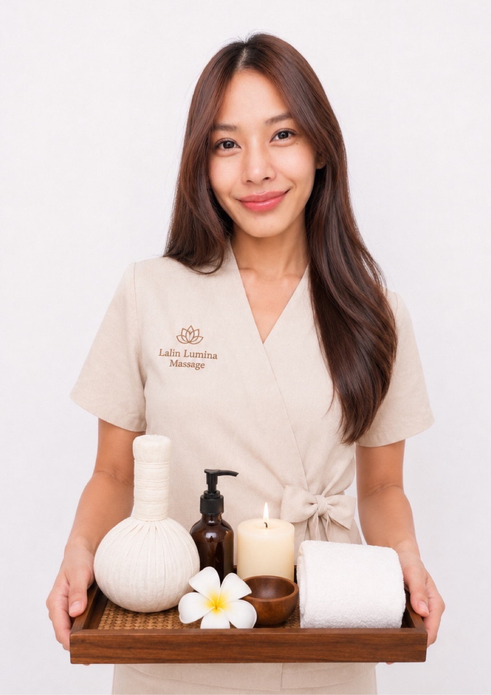 A woman with long hair, wearing a cream-colored spa outfit, stands holding a tray of massage equipment against a white background. Therapist lalin lumina massage in bangkok