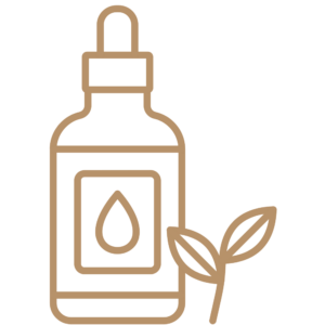The aromatherapy massage oil icon has a leaf placed next to it, with a brown transparent background.