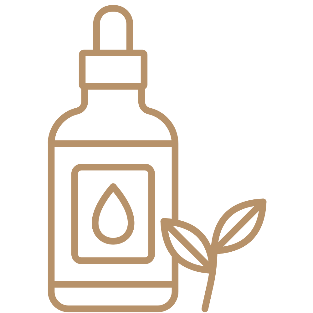 The aromatherapy massage oil icon has a leaf placed next to it, with a brown transparent background.