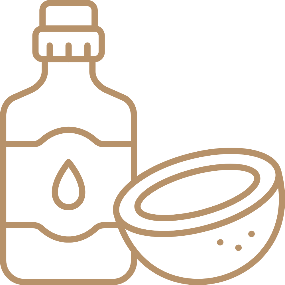 The icon shows a bottle of coconut oil with a halved coconut placed next to it, on a brown, transparent background.