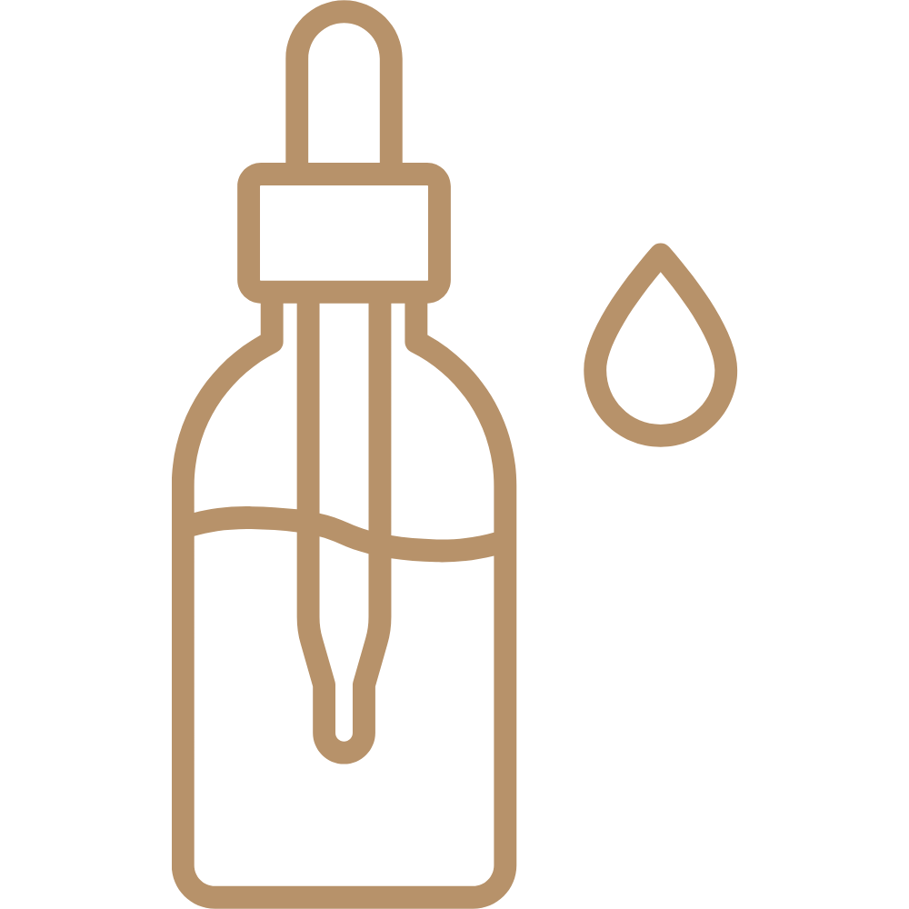 The massage oil icon has a drop of oil next to it on a brown, transparent background.